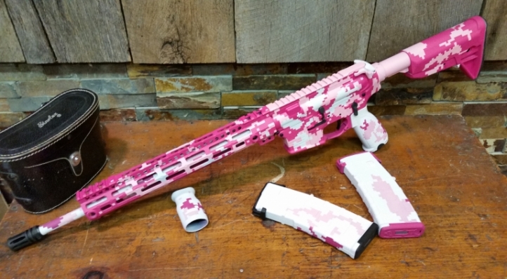 AR-15 In digital pink camo with black accents.  Sig Pink, Pepto Pink and Bright White