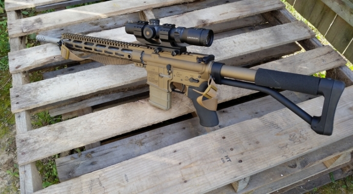 Custom AR15 in 300 Blackout Stainless 16 barrel with custom fit stainless brake.  Leupold 1.25 - 4 X 24 VXR Patrol with SPR reticle.  Burnt Bronze Cerakote with black accents.