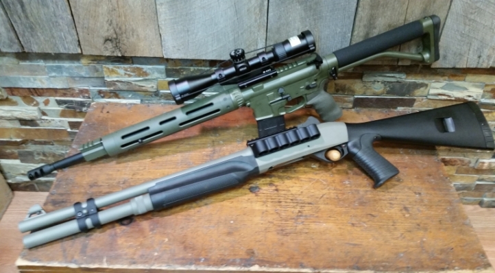 AR15 in Olive Drab with black accents. Benelli M2 in Magpul Foliage Green with black accents.